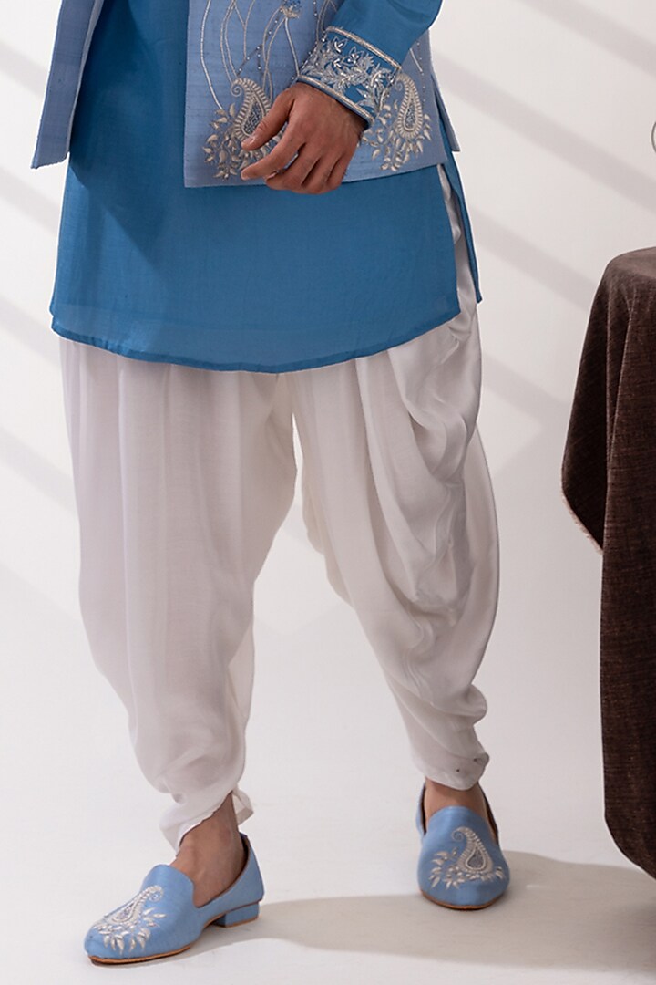 Blue Raw Silk & Handloom Silk Wedding Indowestern Jacket Set by TIRA BY NARESH RAJ at Pernia's Pop Up Shop