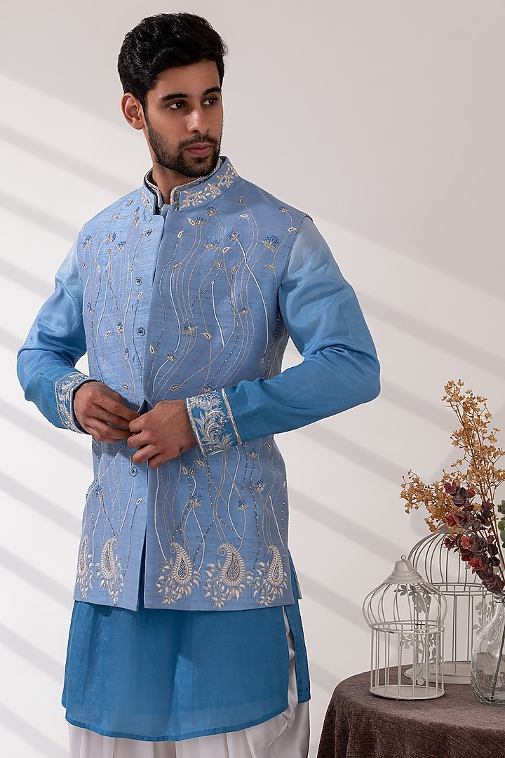 Blue Raw Silk & Handloom Silk Wedding Indowestern Jacket Set by TIRA BY NARESH RAJ at Pernia's Pop Up Shop