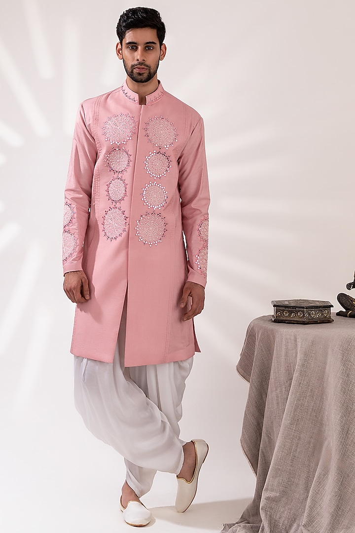 Muted Pink Chanderi Silk & Modal Satin Embellished Kurta Set by TIRA BY NARESH RAJ