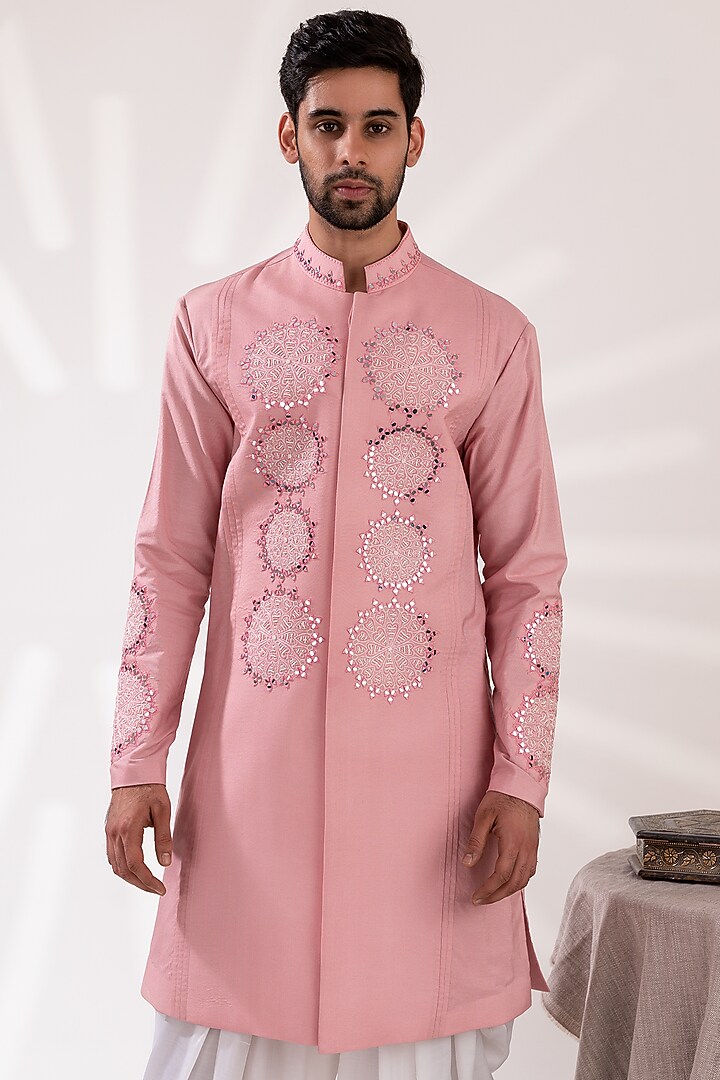Muted Pink Chanderi Silk & Modal Satin Embellished Kurta Set by TIRA BY NARESH RAJ at Pernia's Pop Up Shop