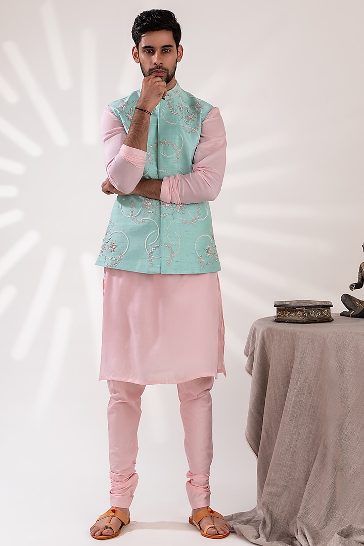 Aqua Blue Mul Cotton & Raw Silk Embroidered Nehru Jacket Set by TIRA BY NARESH RAJ