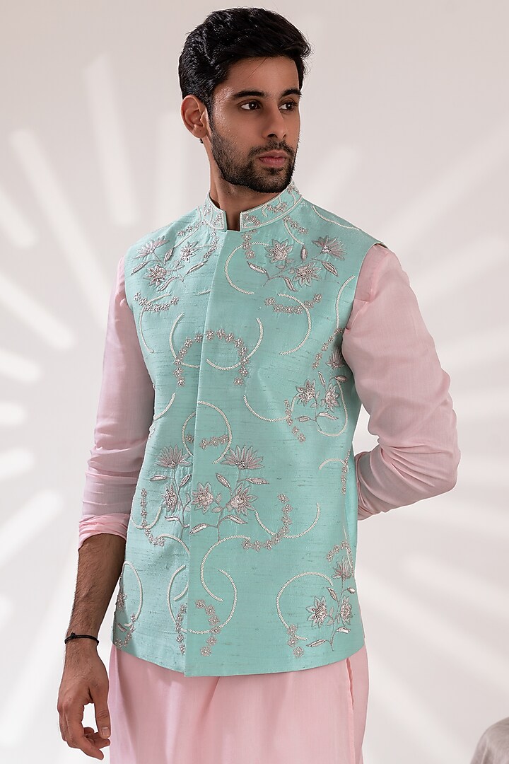 Aqua Blue Mul Cotton & Raw Silk Embroidered Nehru Jacket Set by TIRA BY NARESH RAJ at Pernia's Pop Up Shop