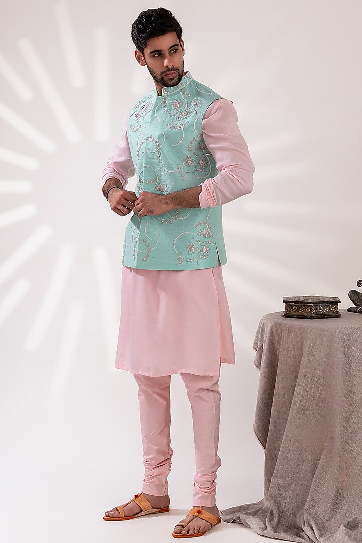 Aqua Blue Mul Cotton & Raw Silk Embroidered Nehru Jacket Set by TIRA BY NARESH RAJ at Pernia's Pop Up Shop