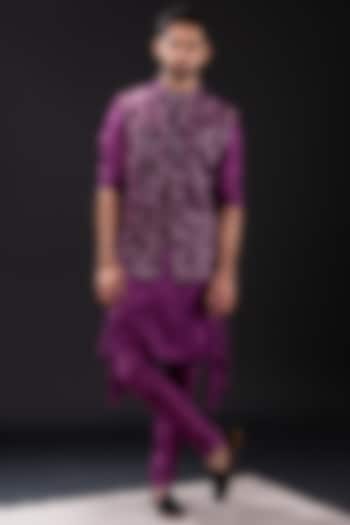 Purple Mul Cotton & Raw Silk Embellished Nehru Jacket Set by TIRA BY NARESH RAJ