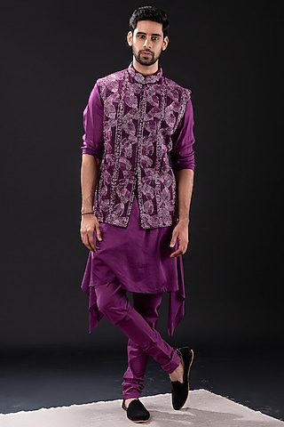Purple Mul Cotton & Raw Silk Embellished Nehru Jacket Set by TIRA BY NARESH RAJ