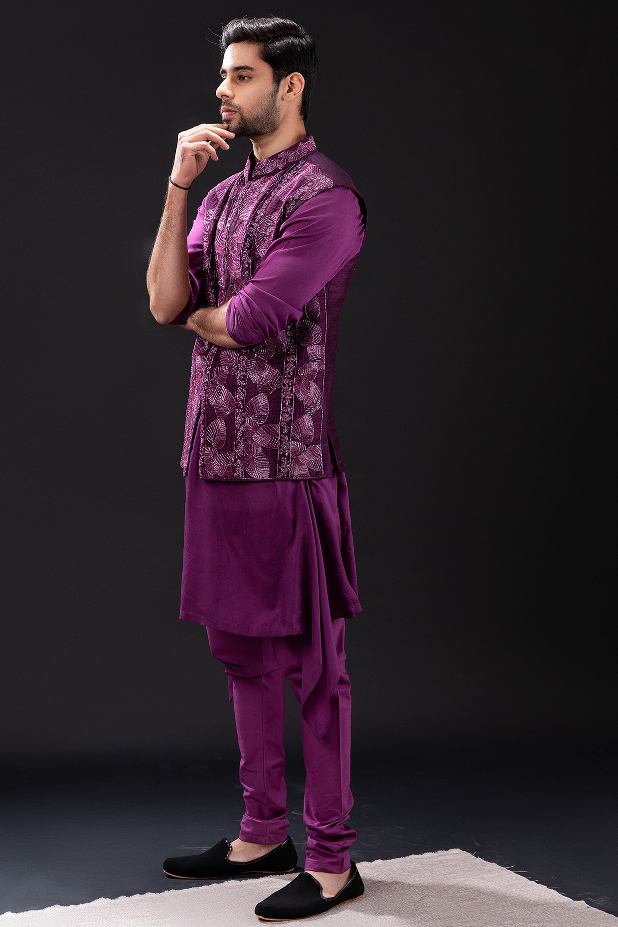 Intriguing Purple Color Dhoti Kurta Jacket Set In Silk Fabric