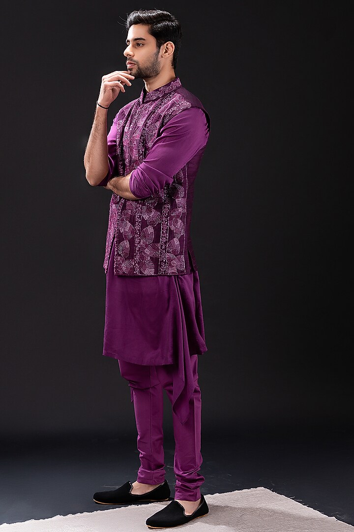 Purple Mul Cotton & Raw Silk Embellished Nehru Jacket Set by TIRA BY NARESH RAJ at Pernia's Pop Up Shop