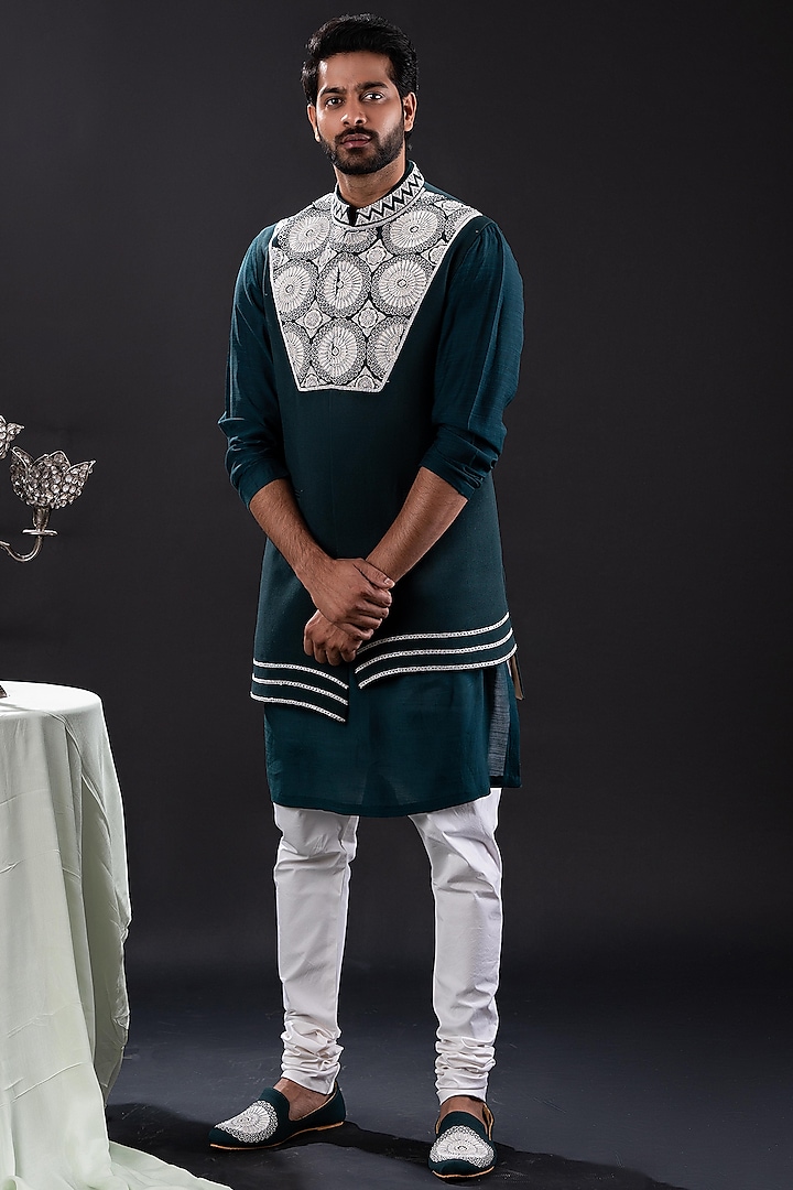 Peacock Green Mul Cotton & Moss Crepe Embellished Indowestern Jacket Set by TIRA BY NARESH RAJ