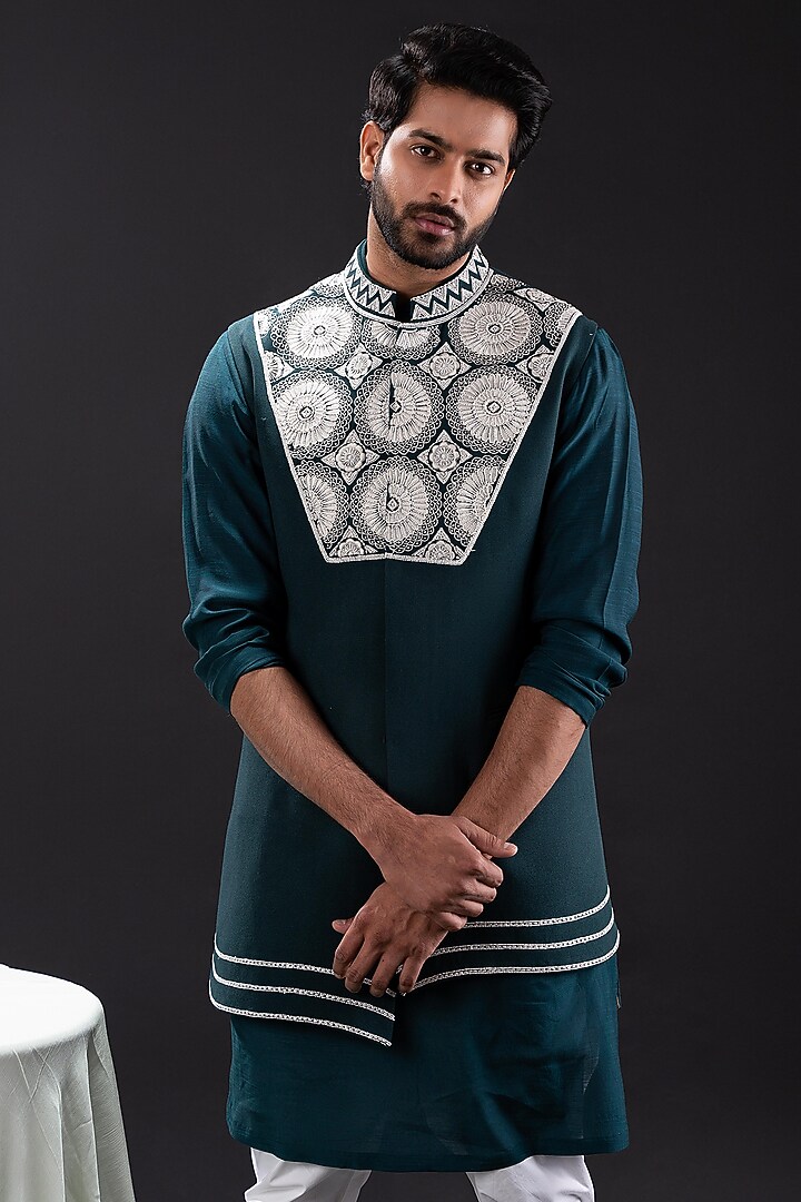 Peacock Green Mul Cotton & Moss Crepe Embellished Wedding Indowestern Jacket Set by TIRA BY NARESH RAJ at Pernia's Pop Up Shop