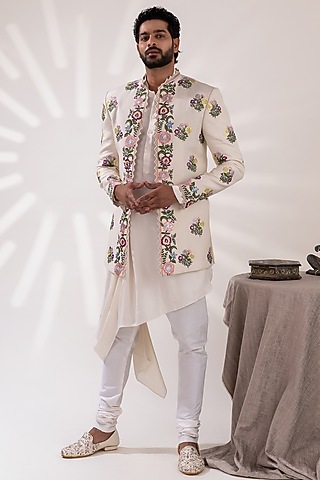Off-White Twill Cotton & Chanderi Silk Embellished Indowestern Jacket Set by TIRA BY NARESH RAJ