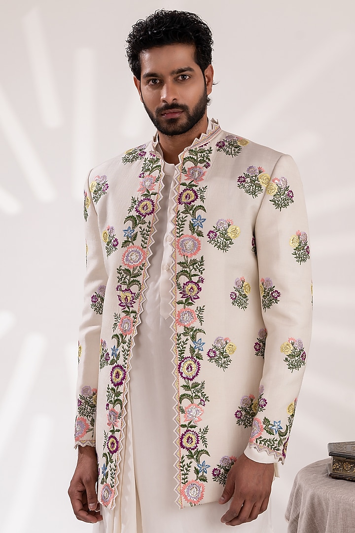 Off-White Twill Cotton & Chanderi Silk Embellished Wedding Indowestern Jacket Set by TIRA BY NARESH RAJ at Pernia's Pop Up Shop