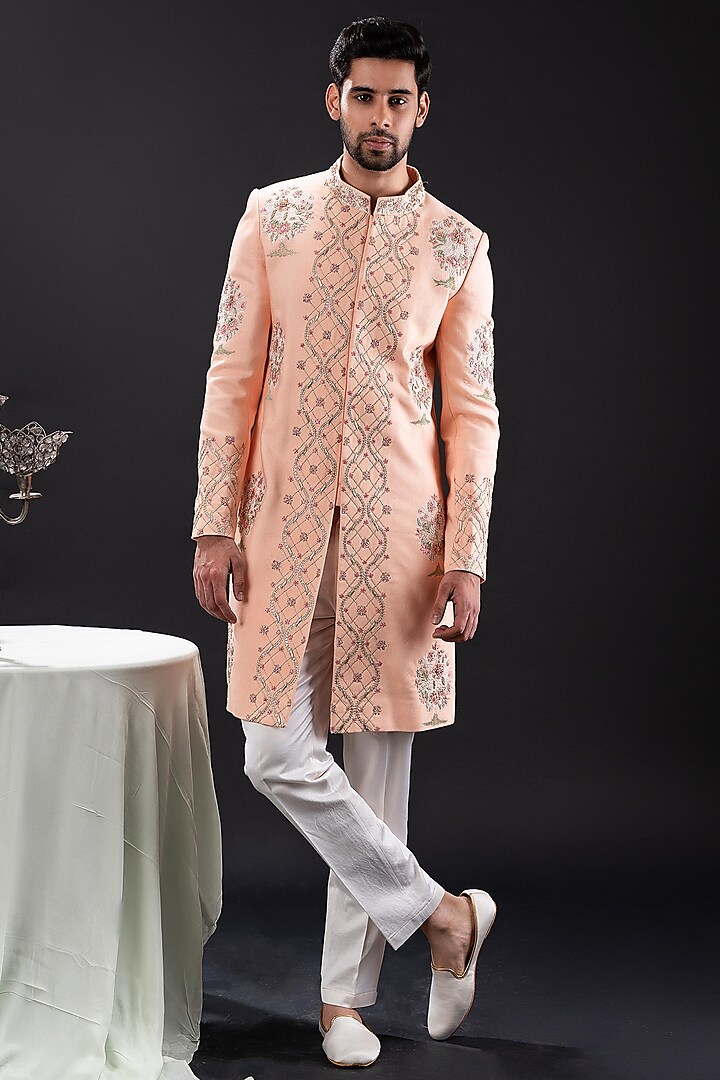 Peach Linen & Terriwool Embellished Sherwani Set by TIRA BY NARESH RAJ