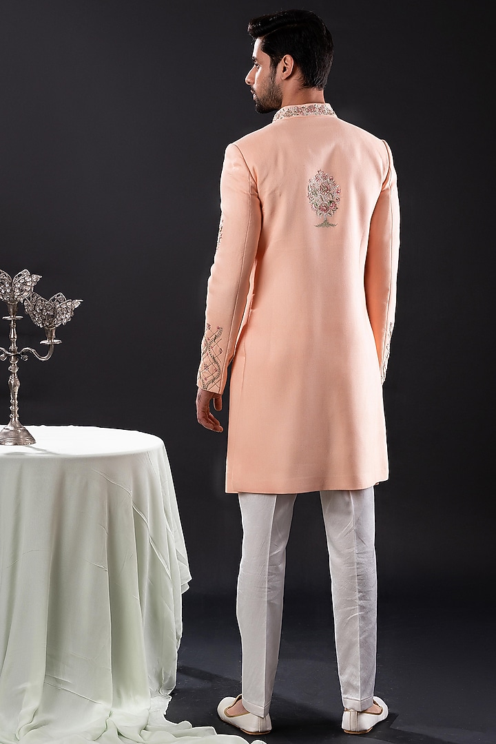 Peach Linen & Terriwool Embellished Wedding Sherwani Set by TIRA BY NARESH RAJ at Pernia's Pop Up Shop
