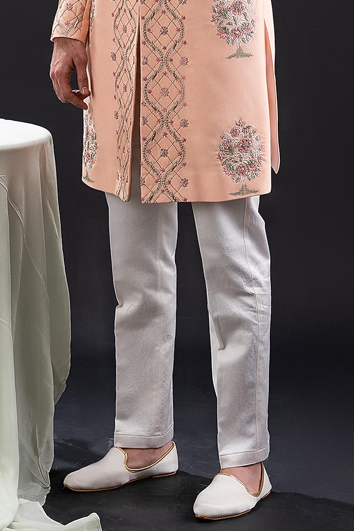 Peach Linen & Terriwool Embellished Wedding Sherwani Set by TIRA BY NARESH RAJ at Pernia's Pop Up Shop