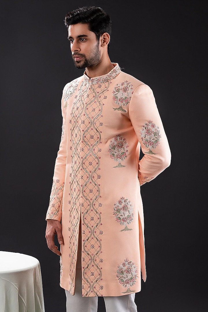 Peach Linen & Terriwool Embellished Wedding Sherwani Set by TIRA BY NARESH RAJ at Pernia's Pop Up Shop
