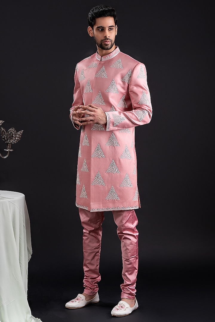 Salmon Pink Linen Satin & Satin Lycra Embellished Sherwani Set by TIRA BY NARESH RAJ