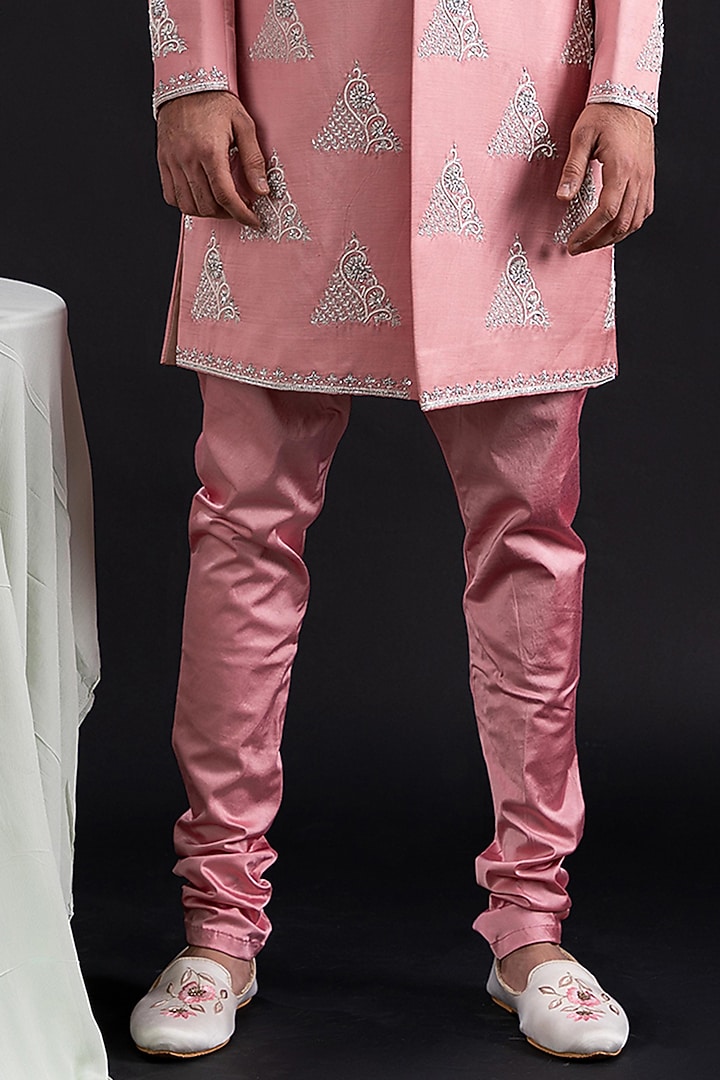 Salmon Pink Linen Satin & Satin Lycra Embellished Groom Sherwani Set by TIRA BY NARESH RAJ at Pernia's Pop Up Shop