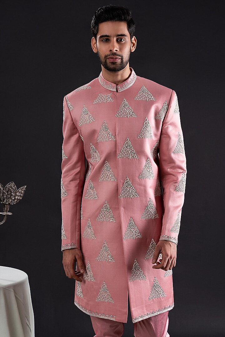 Salmon Pink Linen Satin & Satin Lycra Embellished Groom Sherwani Set by TIRA BY NARESH RAJ at Pernia's Pop Up Shop