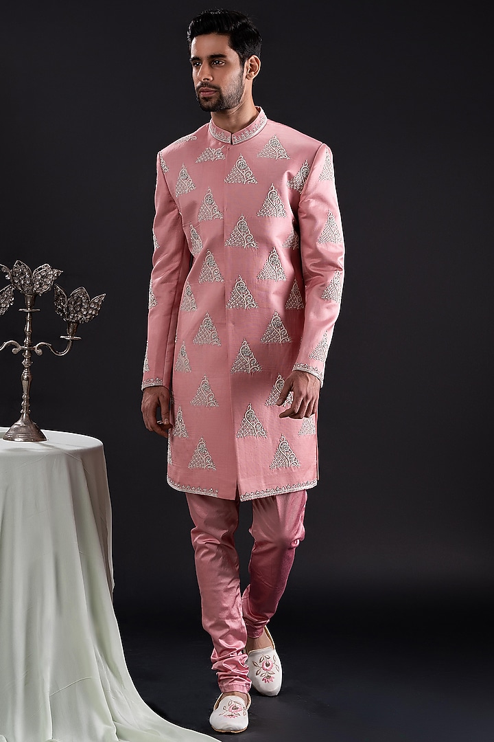 Salmon Pink Linen Satin & Satin Lycra Embellished Groom Sherwani Set by TIRA BY NARESH RAJ at Pernia's Pop Up Shop
