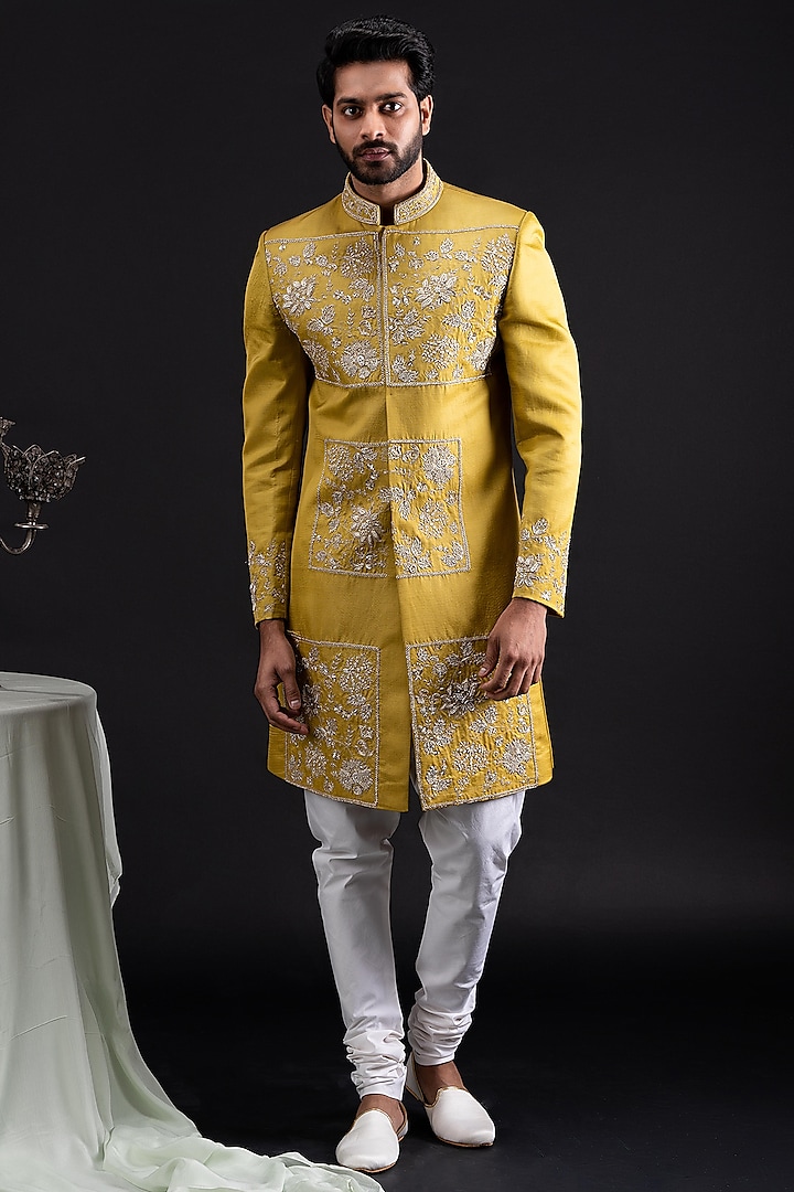 Gold & Lime Linen Satin Embellished Sherwani Set by TIRA BY NARESH RAJ