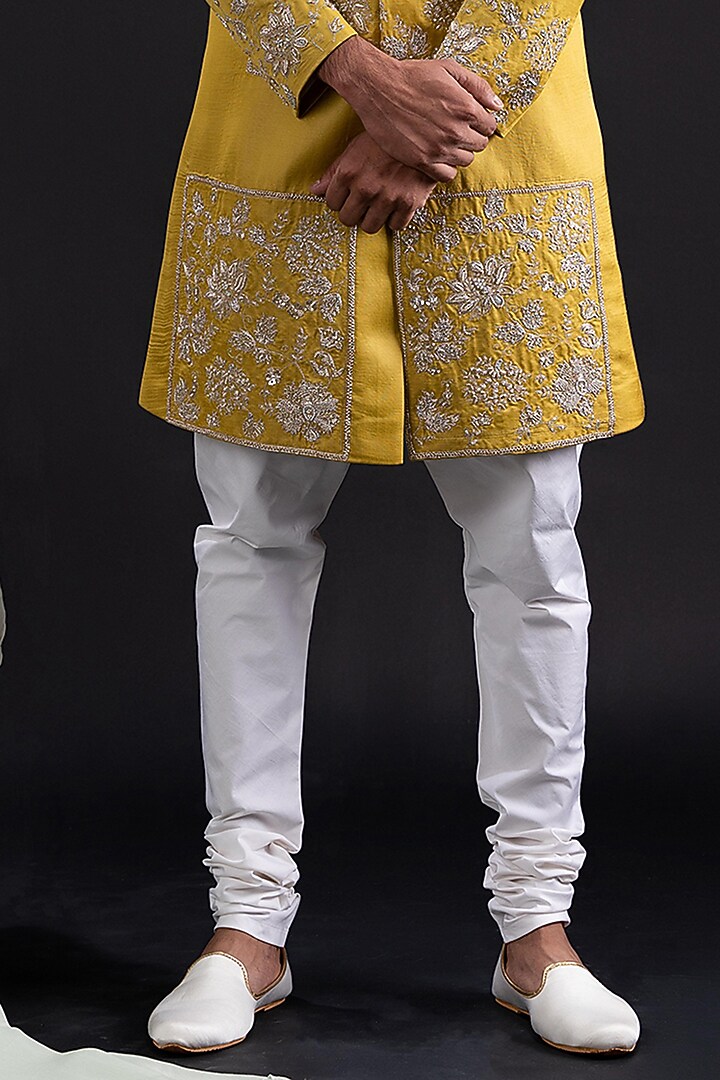 Gold & Lime Linen Satin Embellished Groom Sherwani Set by TIRA BY NARESH RAJ at Pernia's Pop Up Shop
