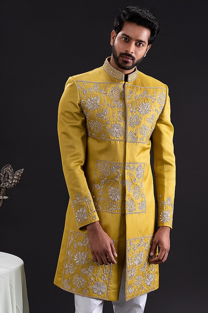 Gold & Lime Linen Satin Embellished Groom Sherwani Set by TIRA BY NARESH RAJ at Pernia's Pop Up Shop