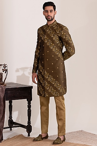 Mehendi Green Raw Silk & Cotton Embellished Sherwani Set by TIRA BY NARESH RAJ