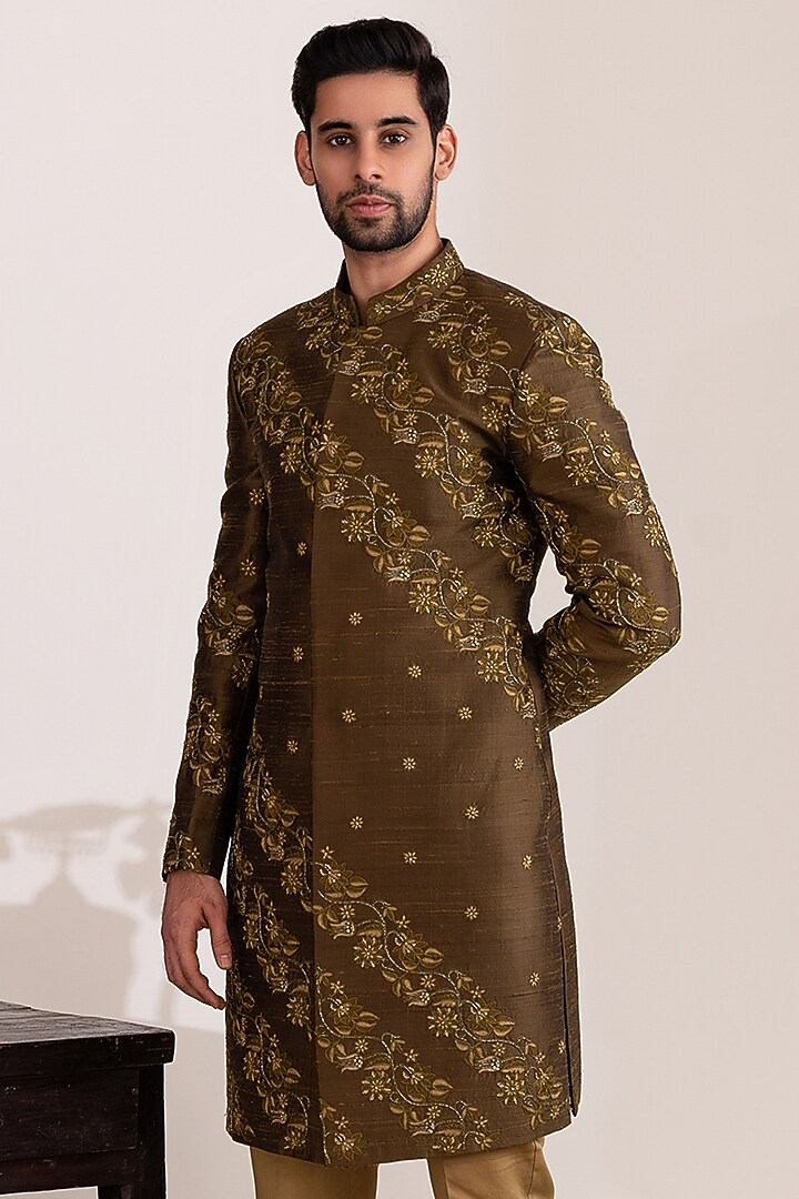 Mehendi Green Raw Silk & Cotton Embellished Groom Sherwani Set by TIRA BY NARESH RAJ at Pernia's Pop Up Shop