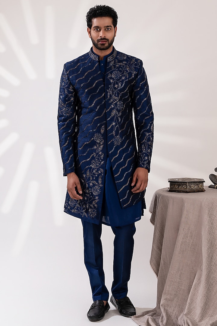 Navy Blue Raw Silk & Chanderi Silk Embroidered Sherwani Set by TIRA BY NARESH RAJ