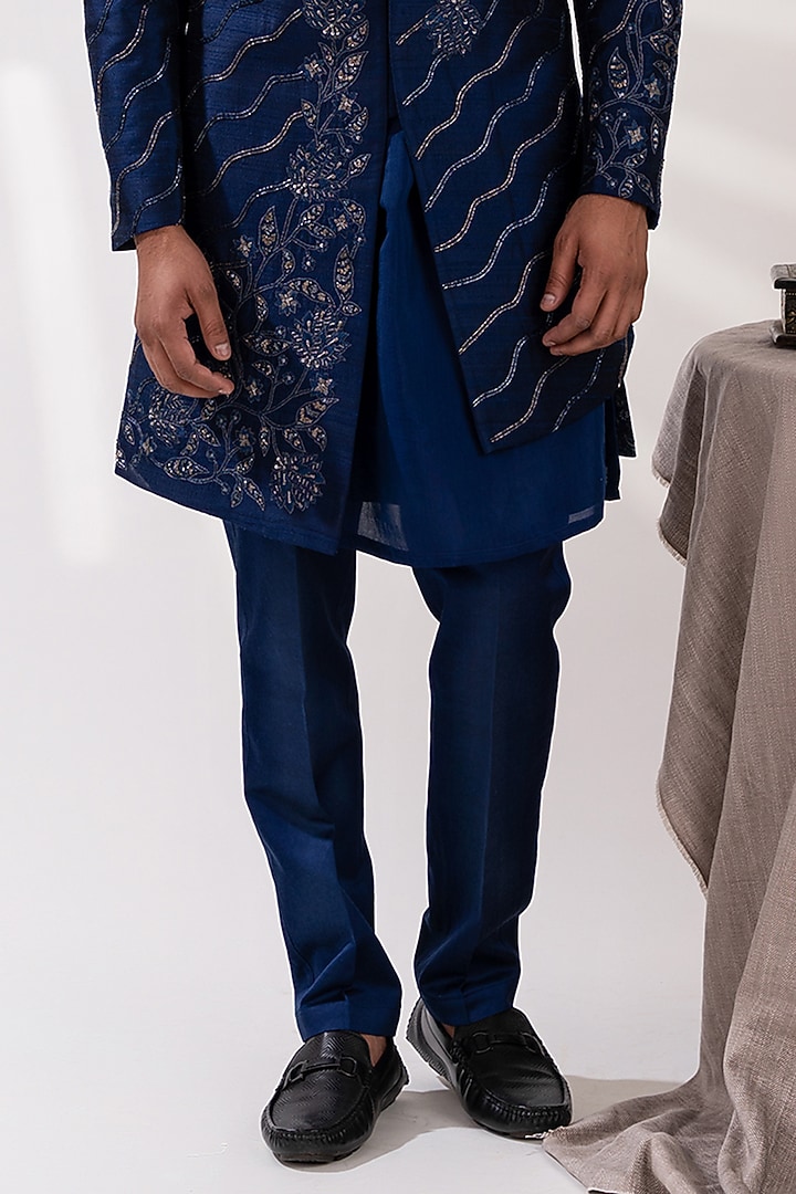Navy Blue Raw Silk & Chanderi Silk Floral Embroidered Groom Sherwani Set by TIRA BY NARESH RAJ at Pernia's Pop Up Shop