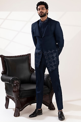 Navy Blue Terry Wool Embroidered Indowestern Set by TIRA BY NARESH RAJ