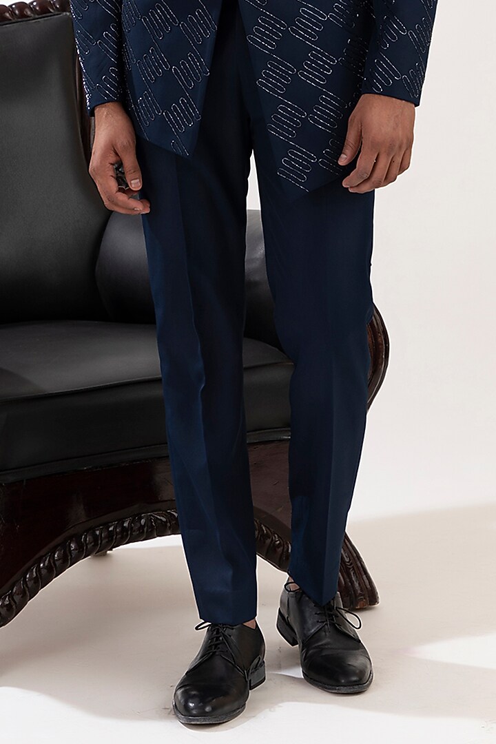 Navy Blue Terry Wool Embroidered Wedding Indowestern Set by TIRA BY NARESH RAJ at Pernia's Pop Up Shop