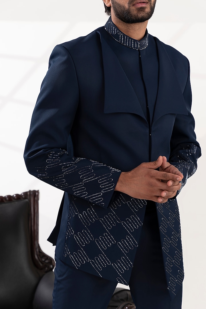 Navy Blue Terry Wool Embroidered Wedding Indowestern Set by TIRA BY NARESH RAJ at Pernia's Pop Up Shop