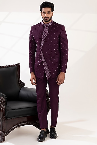 Wine Terry Wool Bead Embroidered Jacket Set by TIRA BY NARESH RAJ