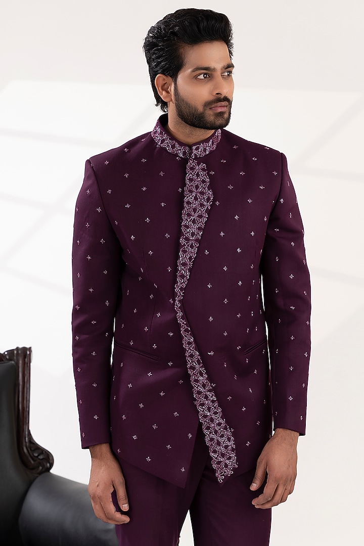 Wine Terry Wool Bead Embroidered Jacket Set by TIRA BY NARESH RAJ at Pernia's Pop Up Shop