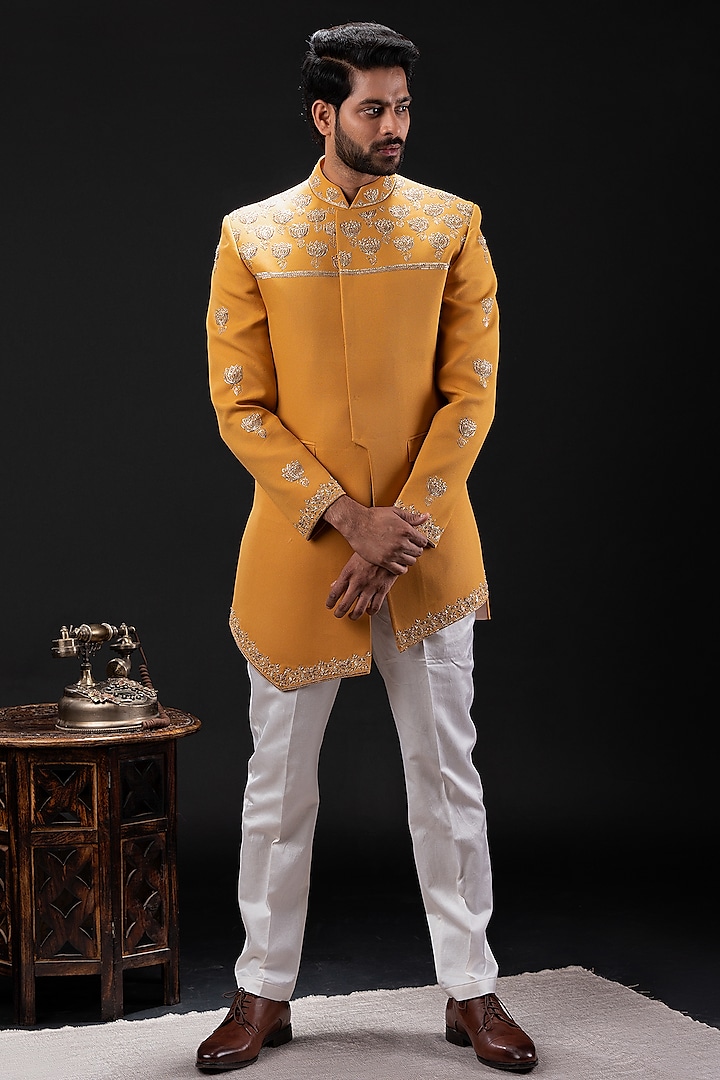 Mustard Yellow Moss Crepe & Cotton Embellished Indowestern Jacket Set by TIRA BY NARESH RAJ