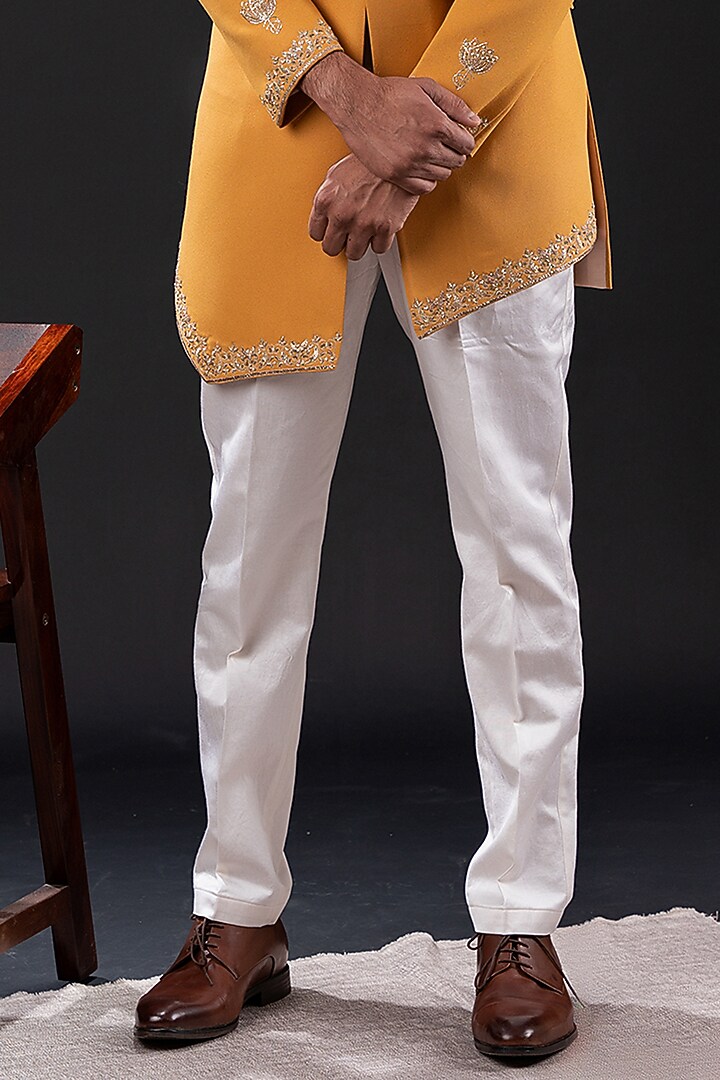 Mustard Yellow Moss Crepe & Cotton Embellished Wedding Indowestern Jacket Set by TIRA BY NARESH RAJ at Pernia's Pop Up Shop
