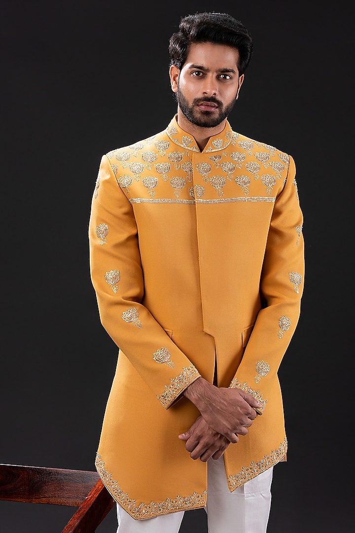 Mustard Yellow Moss Crepe & Cotton Embellished Wedding Indowestern Jacket Set by TIRA BY NARESH RAJ at Pernia's Pop Up Shop