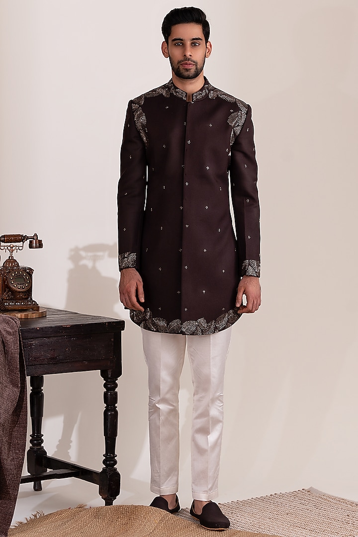 Dark Brown Moss Crepe & Cotton Embellished Sherwani Set by TIRA BY NARESH RAJ