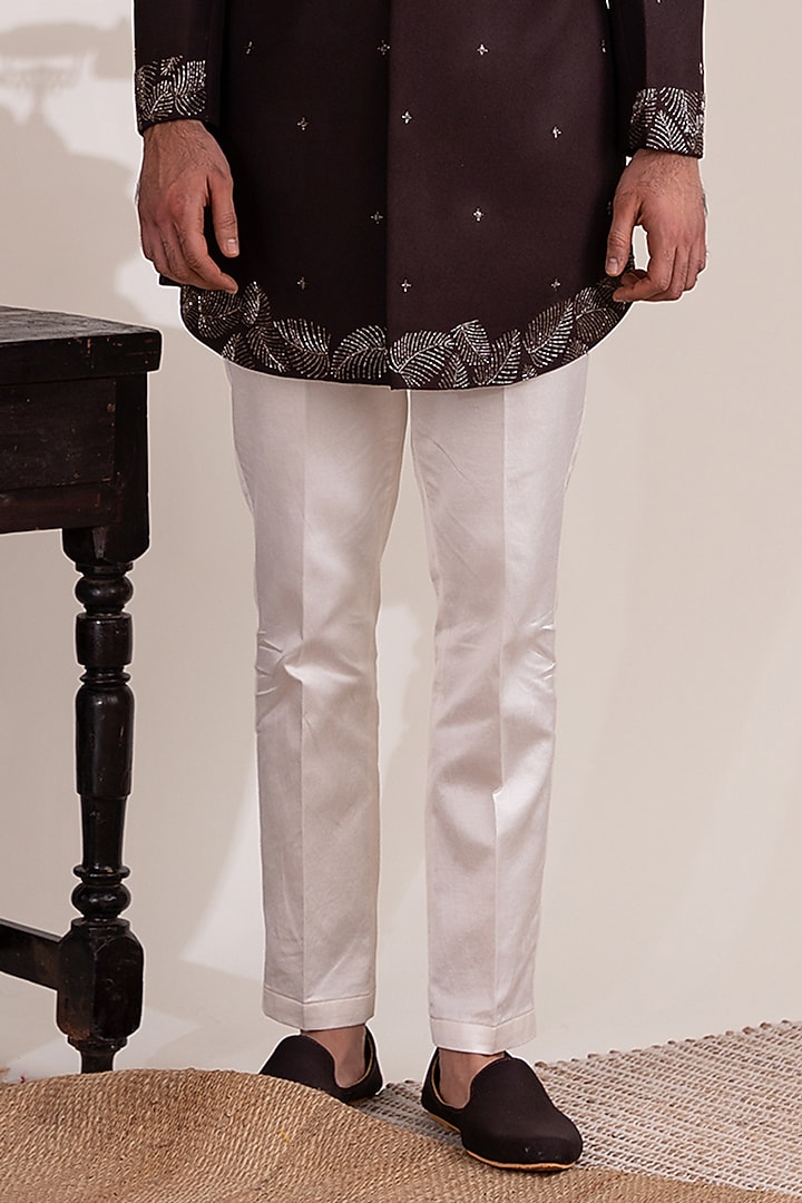 Dark Brown Moss Crepe & Cotton Embellished Wedding Sherwani Set by TIRA BY NARESH RAJ at Pernia's Pop Up Shop