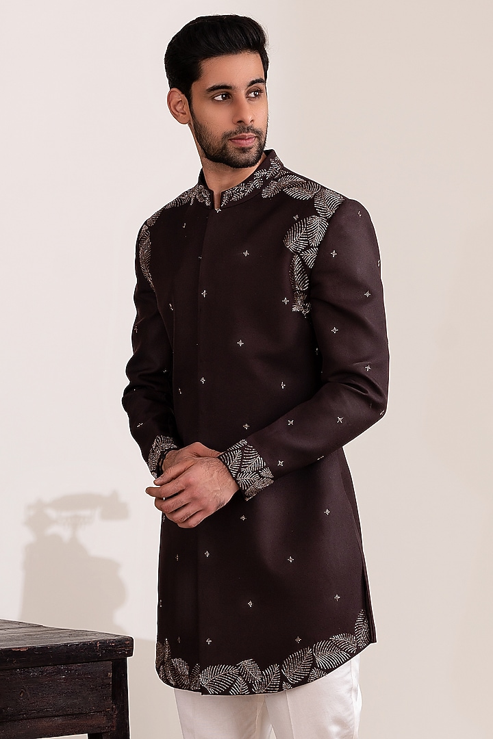 Dark Brown Moss Crepe & Cotton Embellished Wedding Sherwani Set by TIRA BY NARESH RAJ at Pernia's Pop Up Shop