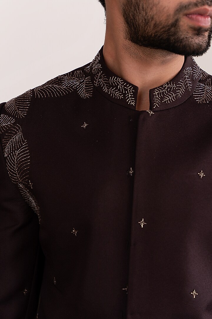 Dark Brown Moss Crepe & Cotton Embellished Wedding Sherwani Set by TIRA BY NARESH RAJ at Pernia's Pop Up Shop