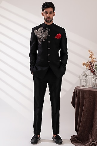 Black Terriwool Embroidered Bandhgala Set by TIRA BY NARESH RAJ