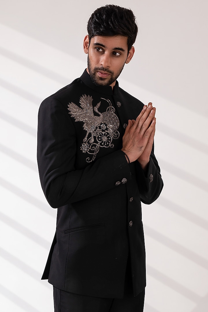 Black Terriwool Embroidered Groom Bandhgala Set by TIRA BY NARESH RAJ at Pernia's Pop Up Shop