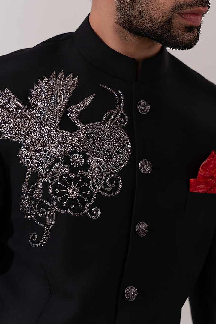 Black Terriwool Embroidered Groom Bandhgala Set by TIRA BY NARESH RAJ at Pernia's Pop Up Shop
