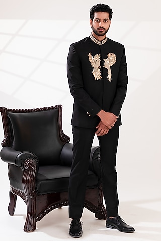 Black Terriwool Embroidered Bandhgala Set by TIRA BY NARESH RAJ