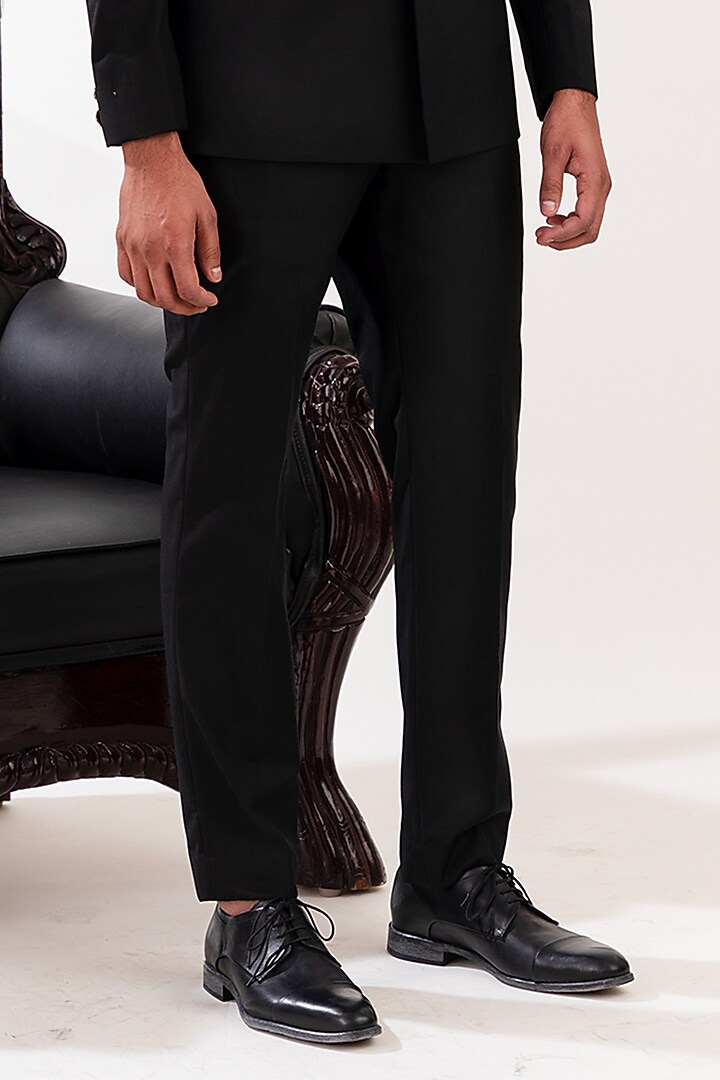 Black Terriwool Embroidered Groom Bandhgala Set by TIRA BY NARESH RAJ at Pernia's Pop Up Shop