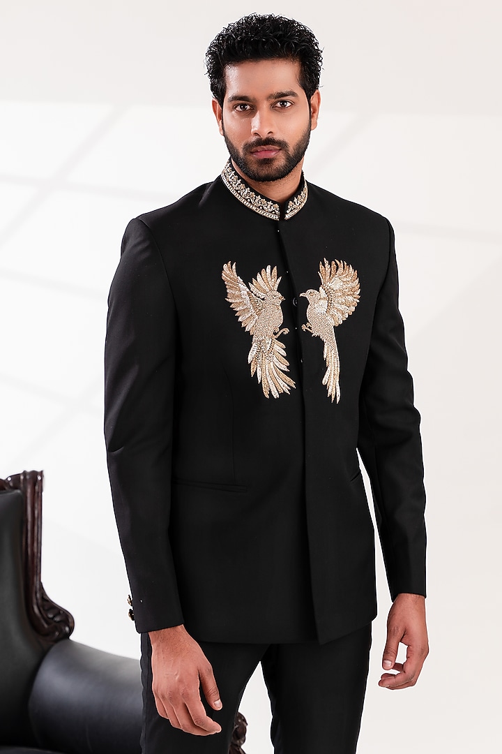 Black Terriwool Embroidered Groom Bandhgala Set by TIRA BY NARESH RAJ at Pernia's Pop Up Shop