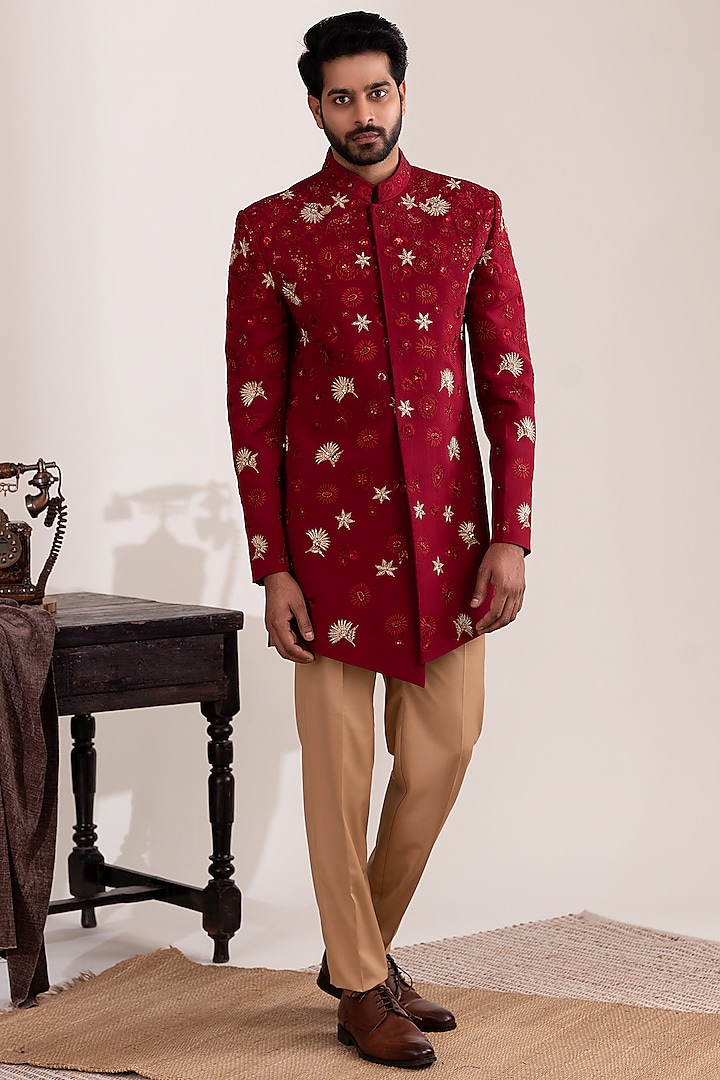 Moroccan Red Moss Crepe & Cotton Embroidered Sherwani Set by TIRA BY NARESH RAJ