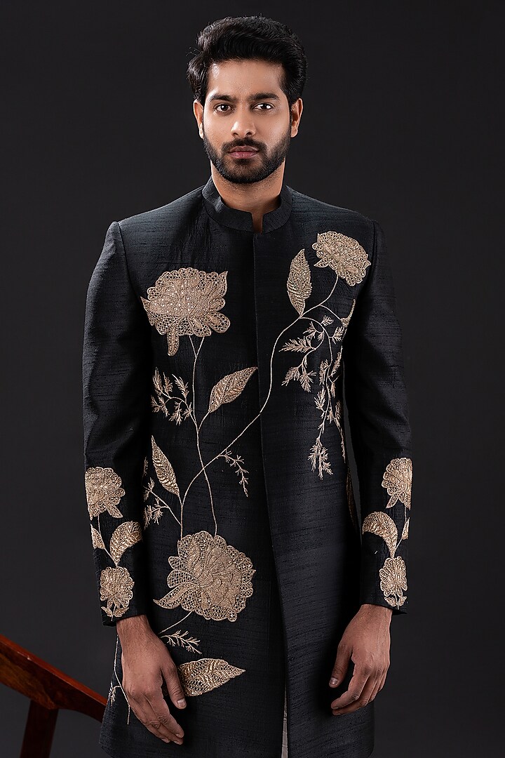 Black Raw Silk & Cotton Embellished Groom Sherwani Set by TIRA BY NARESH RAJ at Pernia's Pop Up Shop